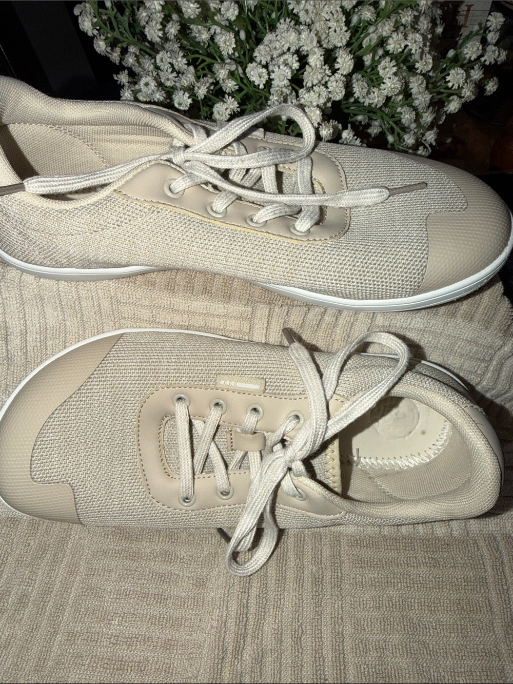 Cream Lace-Up Knit Sneakers